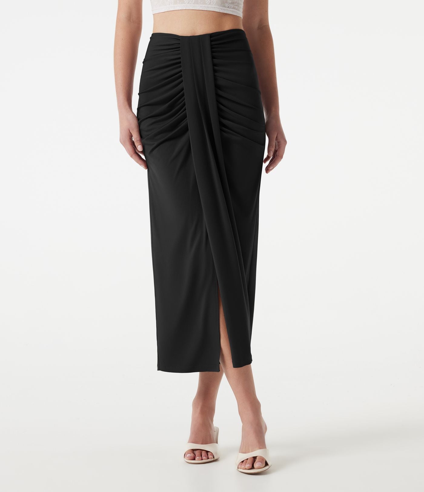 Jupe midi moulante taille haute froncée