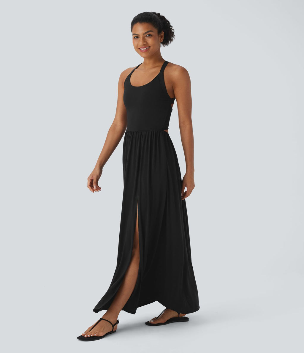 Robe longue fluide fendue avec poches latérales, dos nu et effet torsadé