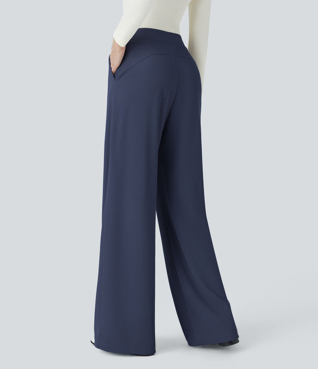Halara Flex™ Pantalon Tailleur Évasé à Taille Haute Sculptant la Silhouette avec Poches Latérales Micro Waffle