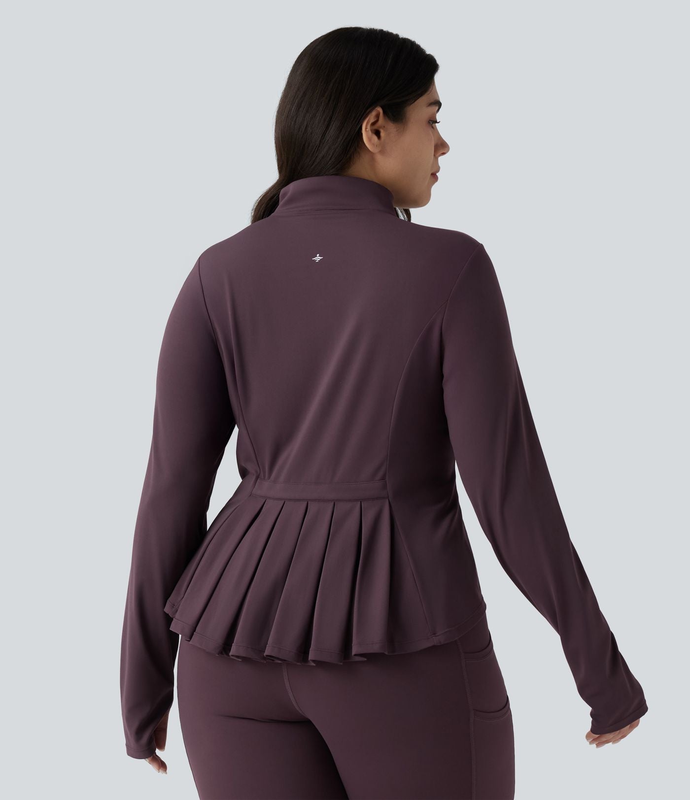 SoftlyZero™ Veste de randonnée grande taille ajustée zippée plissée à col montant avec passants pouces et poches - UPF50+