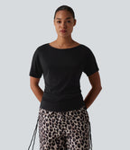 T-shirt décontracté asymétrique manches courtes avec cordon de serrage mélange laine