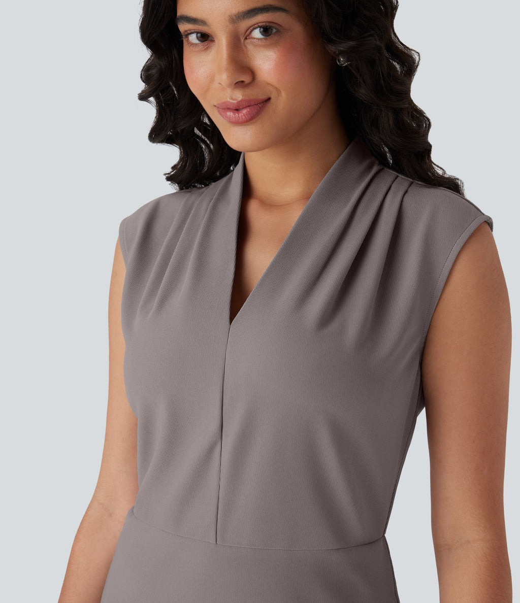 Robe de travail courte sans manches col V plissée Halara Flex™ micro gaufré avec poches