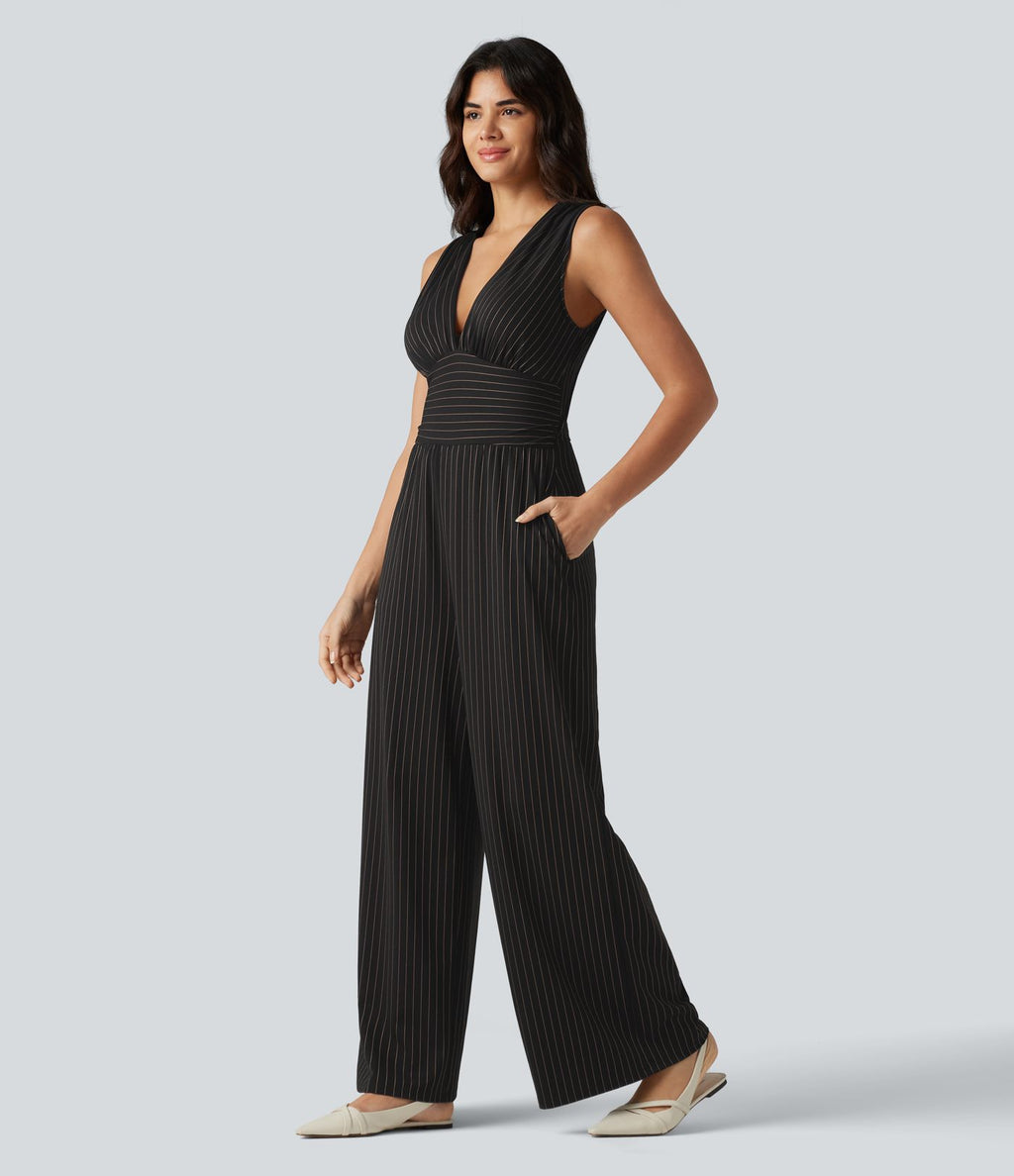 Combinaison tailleur col V sans manches à rayures et fronces avec poches - Easy Peasy