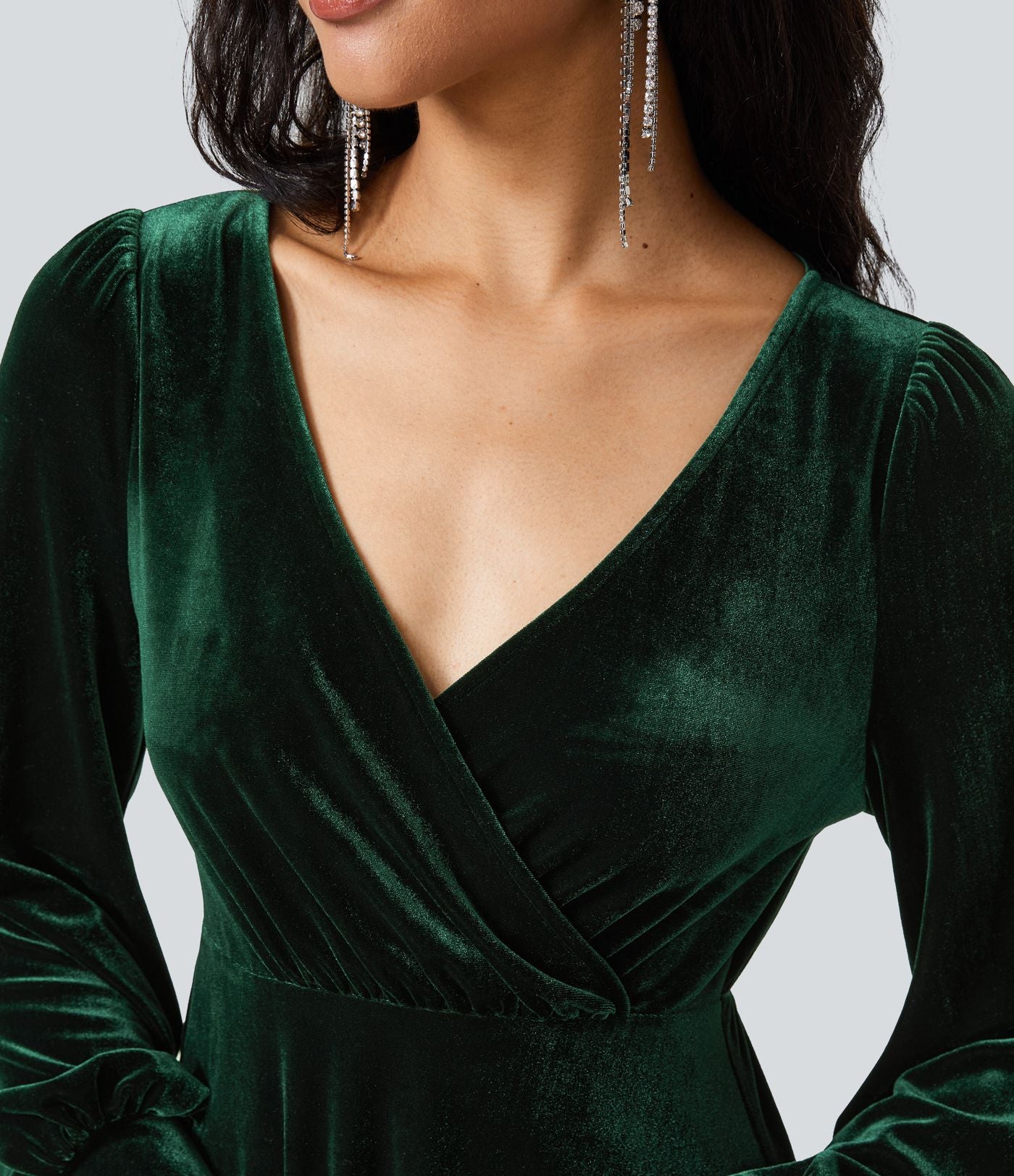 V Neck de Crossover Bishop Long Sleeve High Low Flowy Velvet Midi Casual Dress