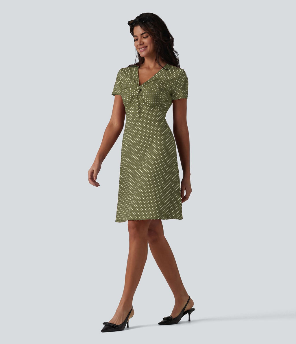 Robe casual à col V, manches courtes et imprimé à pois longueur genou