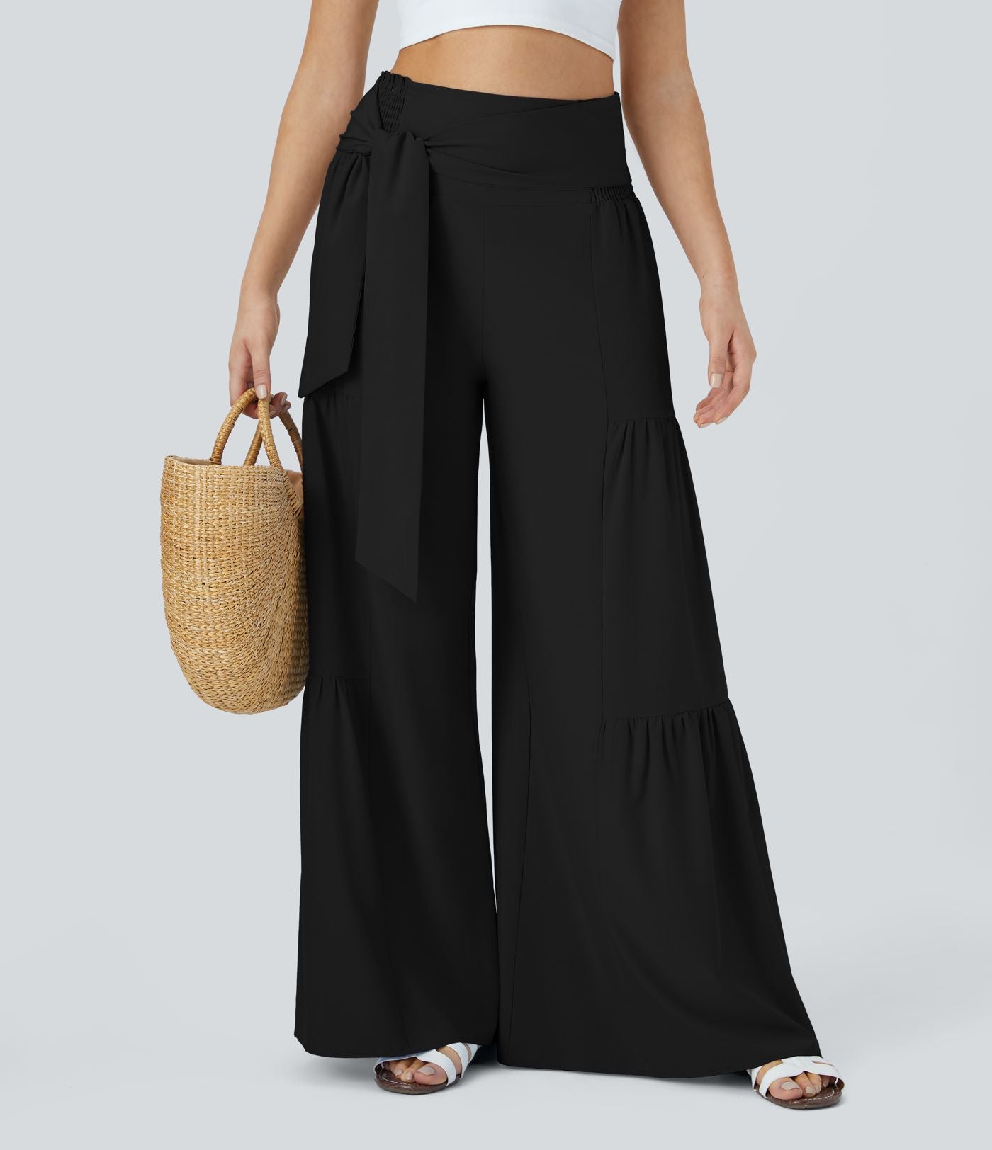 Breezeful™ Pantalon Large Casual Taille Haute Froncé à Nouer Devant et Dos Fluide Séchage Rapide
