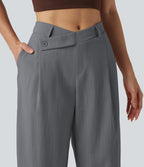 Pantalon tailleur asymétrique effet lin, taille moyenne, coupe ballon, à poches