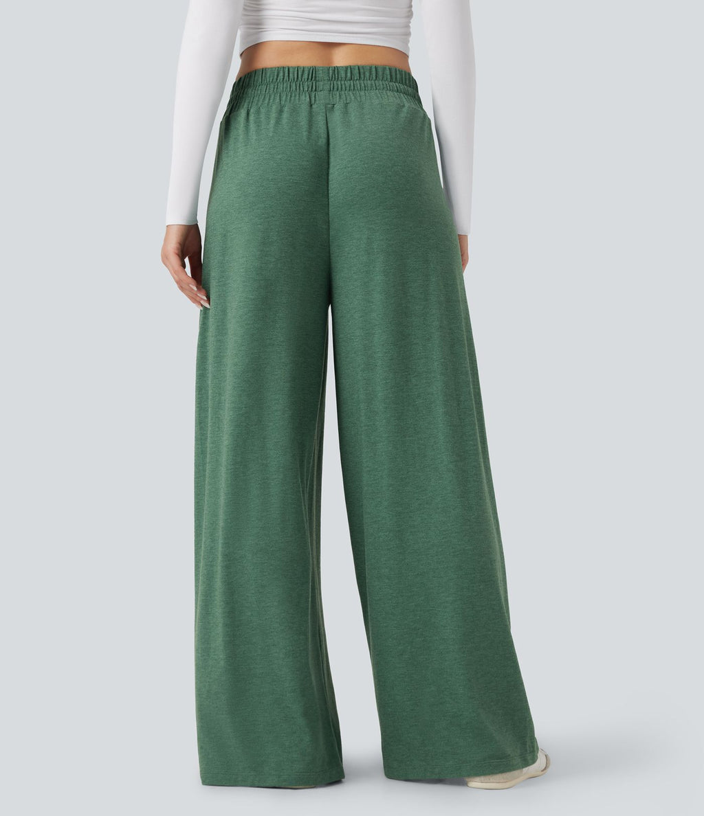Pantalon large décontracté chiné taille mi-haute avec cordon et poches