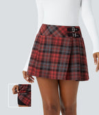 High Waisted de Decorative Buckle 2-in-1 Plaid Pleated Mini Casual Skirt