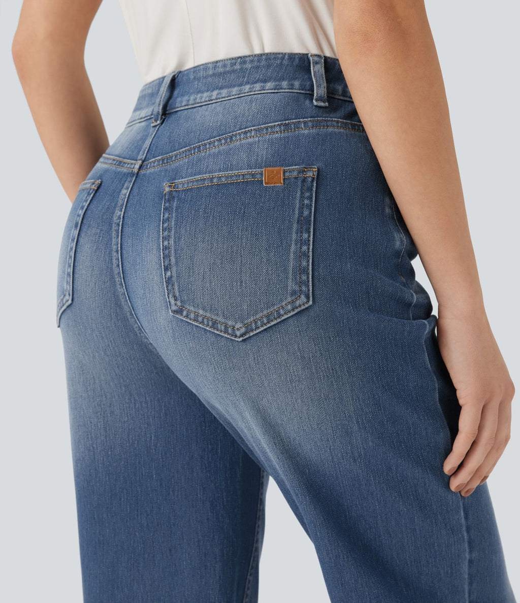 Jean 7/8 décontracté délavé taille haute coupe droite Halara Flex™ avec poches