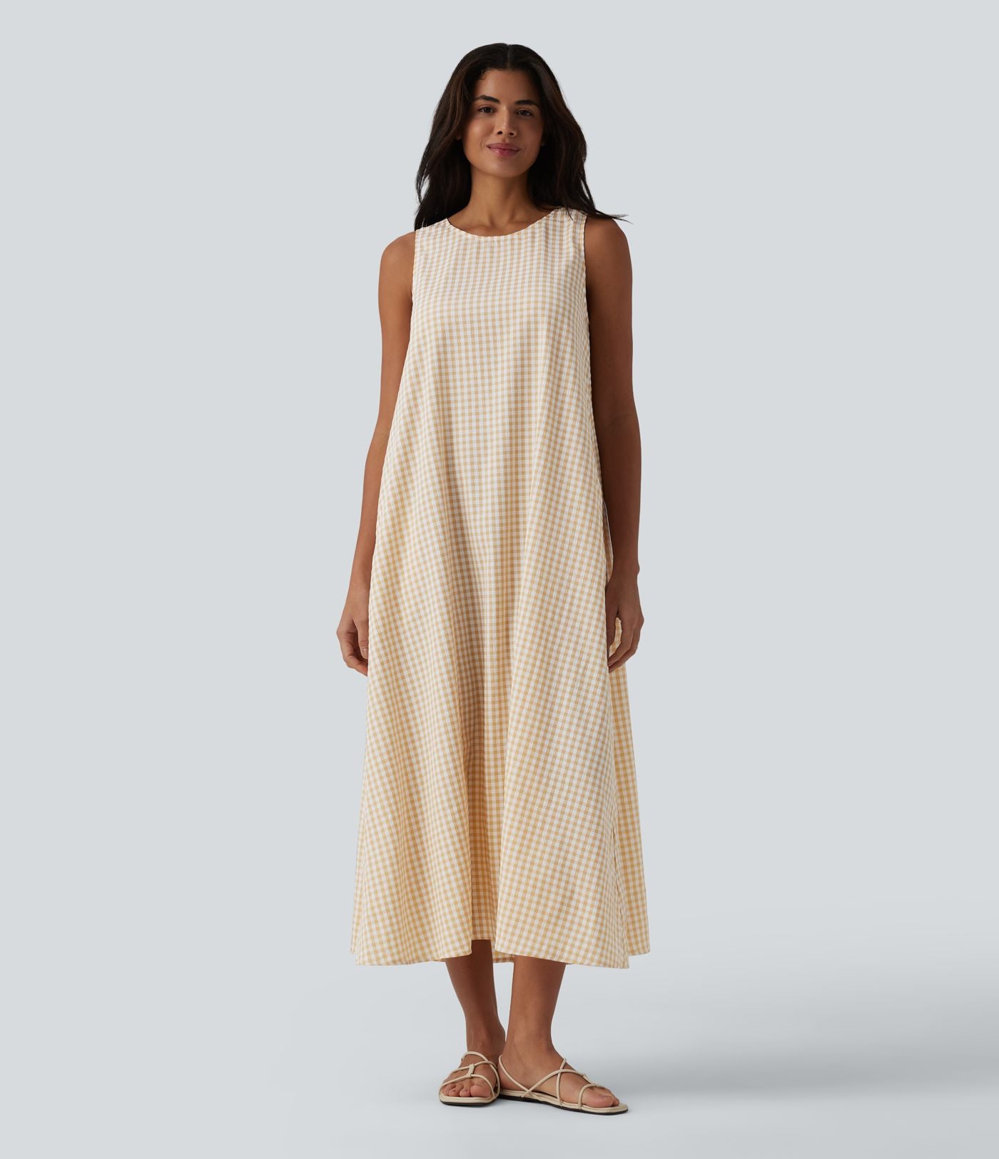 Robe débardeur midi décontractée col rond sans manches en vichy froissé avec poches