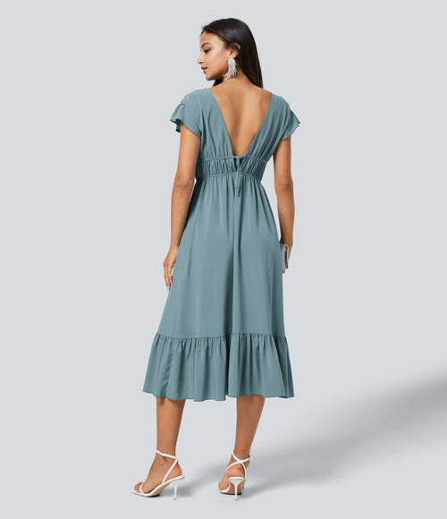 Breezeful™ Robe Midi Séchage Rapide Demoiselle d'Honneur et Invitée de Mariage Encolure en V Profond Manches Papillon Dos Nu Nœud Poches Latérales Ourlet à Volants