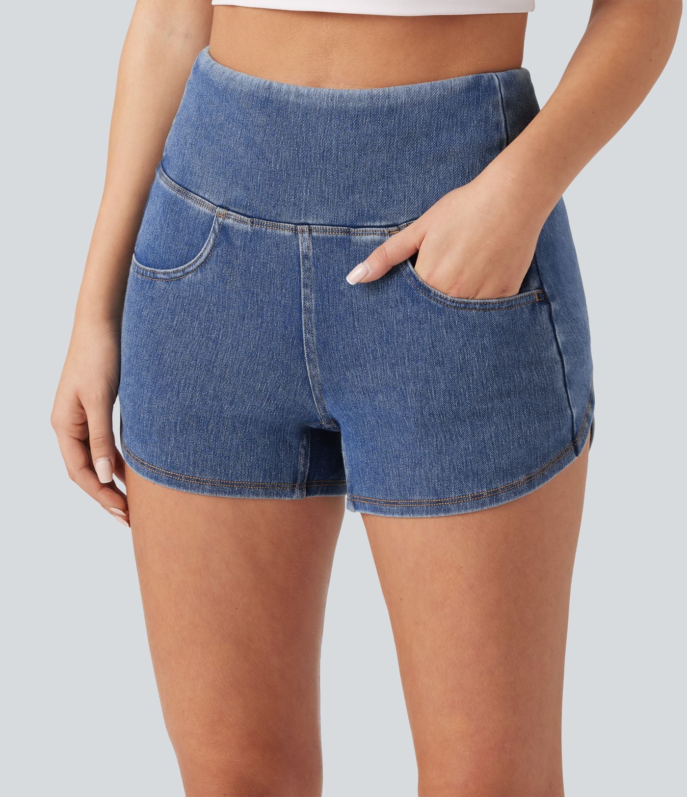 Halara Flex™ Short casual en jean skinny gainant taille haute à ourlet arrondi avec poches