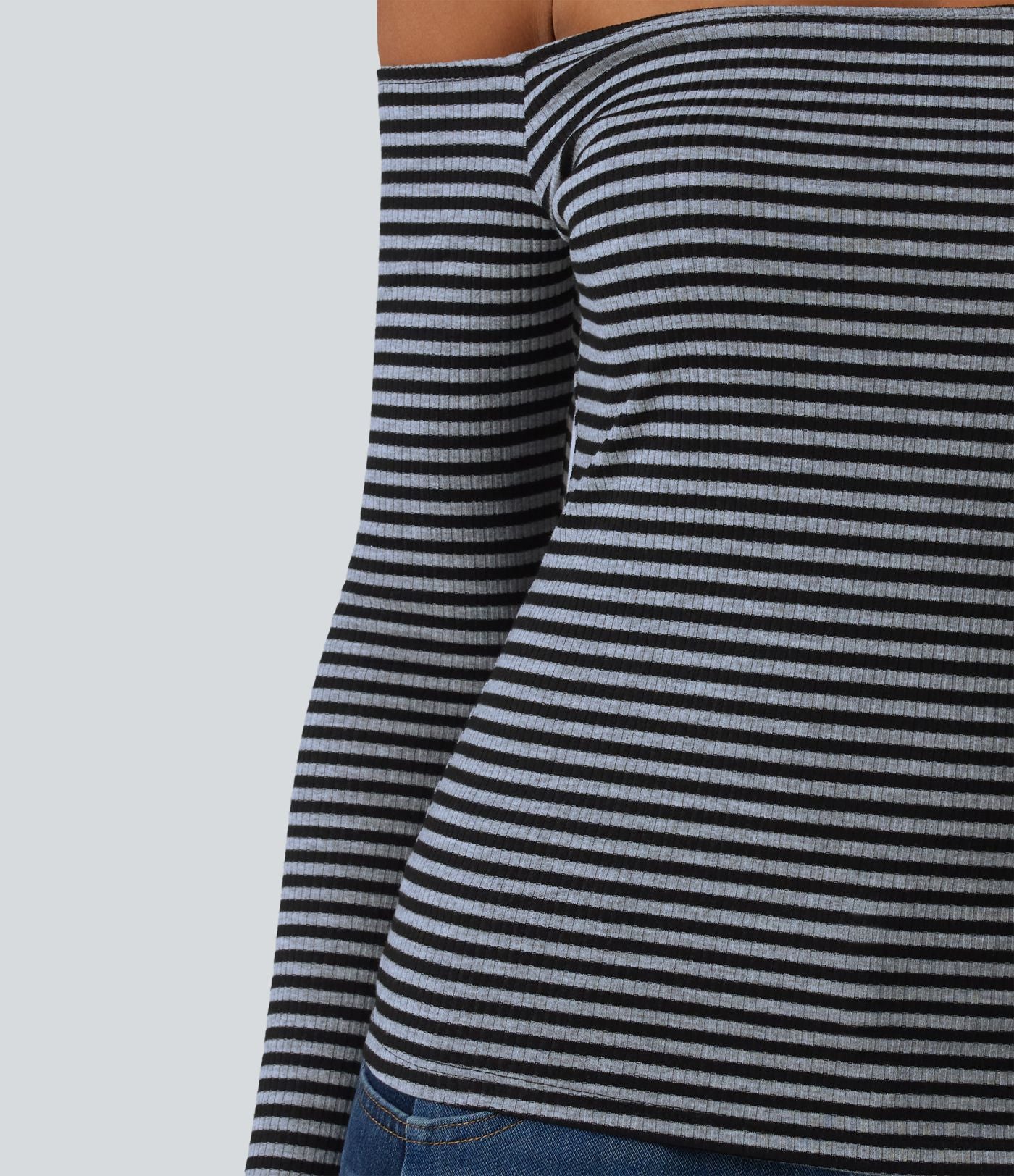 T-shirt casual rayé en maille côtelée à épaules dénudées, manches longues et soutien-gorge intégré