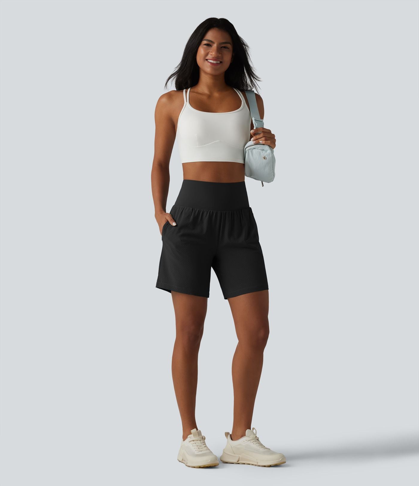 Short de yoga 2 en 1 à taille très haute, effet ventre plat, séchage rapide, 17,5 cm, avec poches