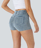 Halara Flex™ Short 5cmCasual Taille Haute en Denim Tricoté Stretch avec Boutons Décoratifs et Poches Arrière