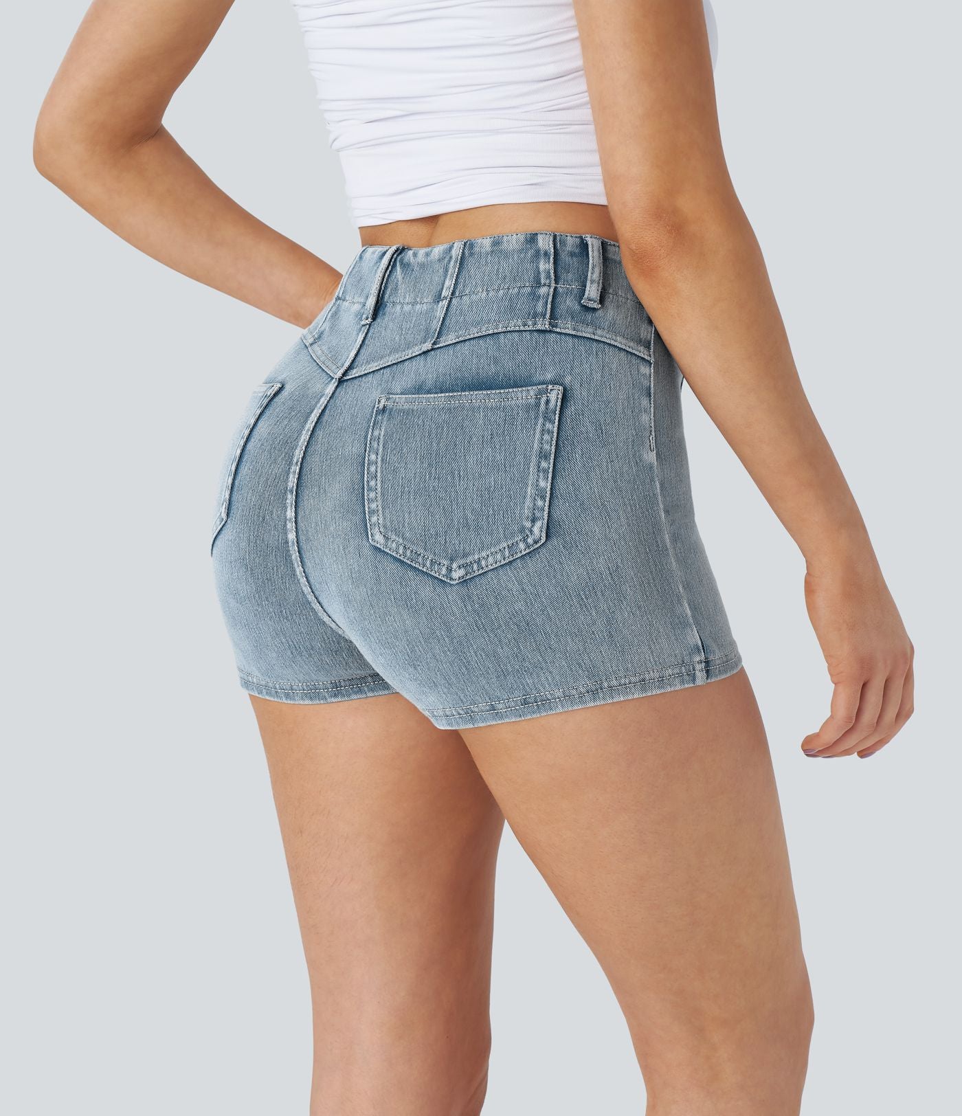 Halara Flex™ Short 5cmCasual Taille Haute en Denim Tricoté Stretch avec Boutons Décoratifs et Poches Arrière