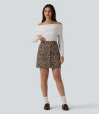 Jupe mini casual 2-en-1 léopard taille haute avec poche — Longueur allongée
