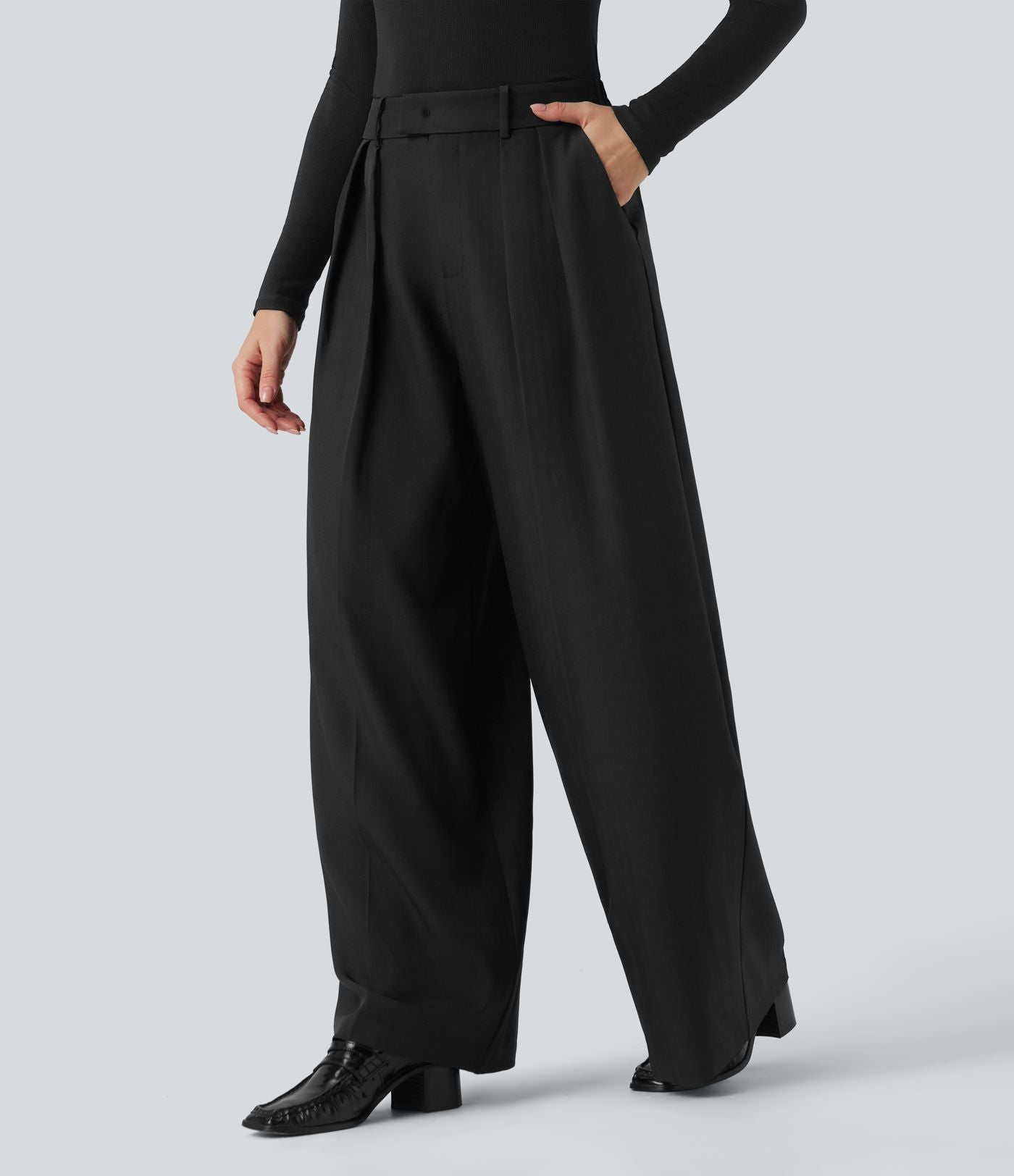 Pantalon tailleur anti-froissement aspect lin taille haute jambe large avec poches