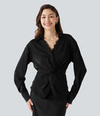 Chemise esprit bureau défroissage facile, col V, dentelle contrastée, manches longues, lien au dos et détail torsadé