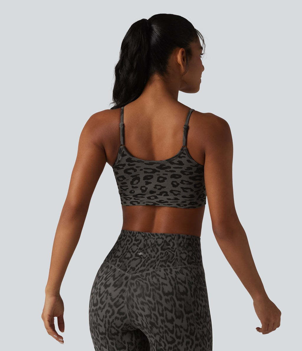 OneForm Brassière de sport de yoga sans couture imprimé léopard bretelles ajustables froncée avec soutien-gorge intégré
