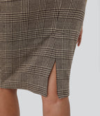 Jupe crayon de travail à taille haute, fente et motif pied-de-poule et carreaux