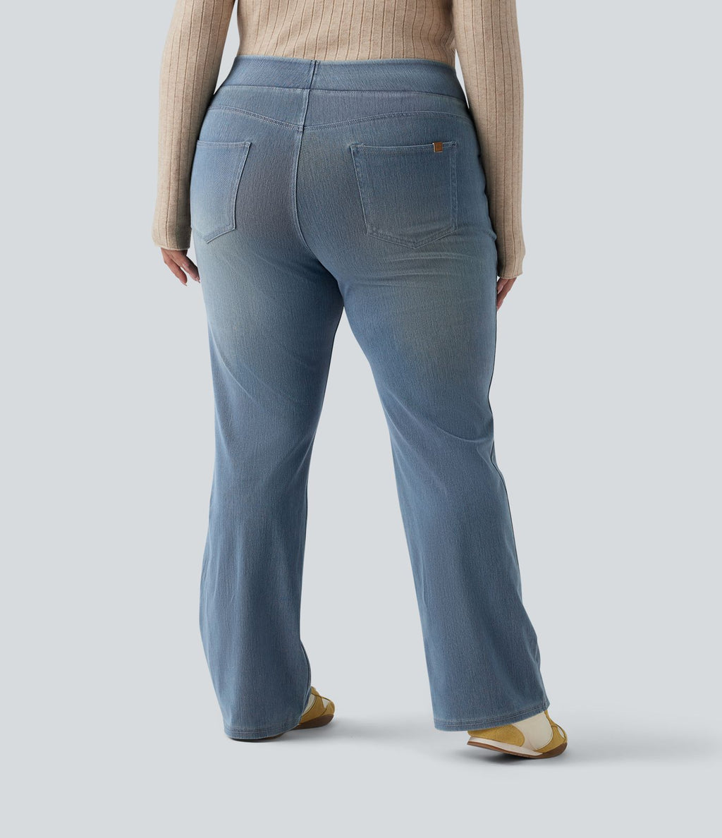 Jean décontracté Halara Flex™ grande taille bootcut taille haute en maille extensible délavée avec multiples poches