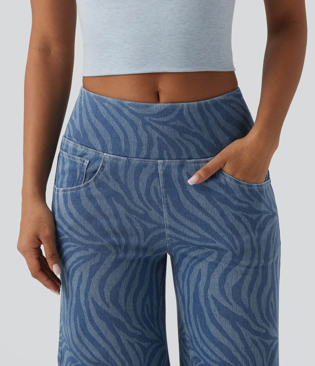 Jean Halara Flex™ jambe large décontracté taille mi-haute effet ventre plat, motif zèbre, avec poches