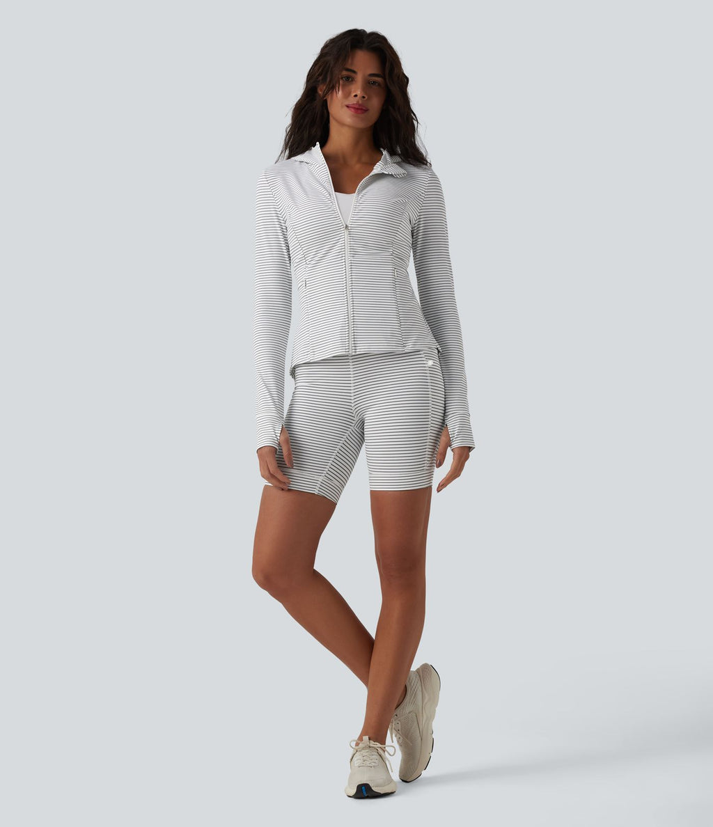 Veste de yoga à capuche manches longues avec trous pour pouces et rayures avec poches
