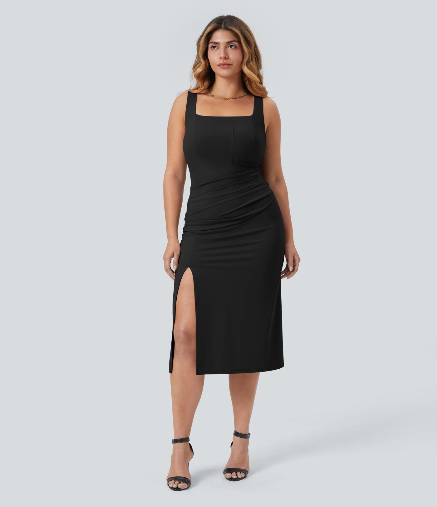 Softlyzero™ Robe Casual Midi Grande Taille Corset Moulante Encolure Carrée Dos Nu Ruchée
