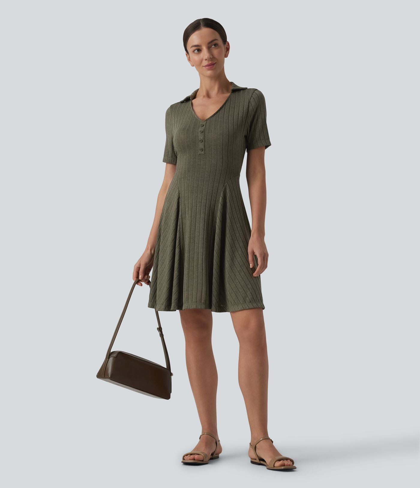 Robe mini casual évasée col V manches courtes en maille côtelée