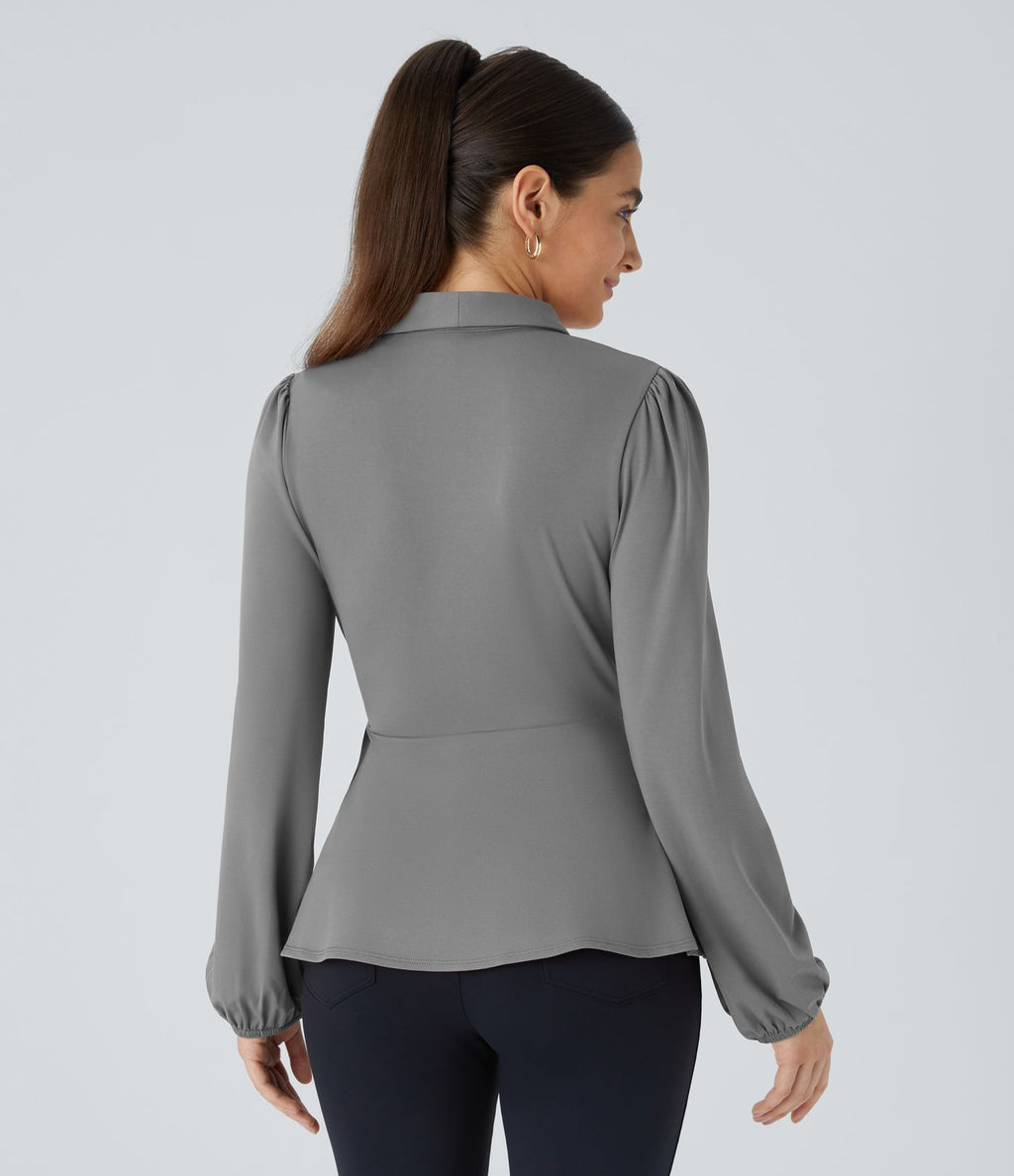 Blouse de travail à col châle, effet cache-cœur, lien sur le côté et ourlet à volants
