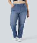 Jean décontracté Halara Flex™ grande taille, taille haute, multiples poches, jambes droites, effet délavé, en maille extensible