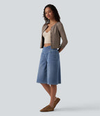 Short en jean ample Halara Flex™ taille haute croisé gainant décontracté avec poches