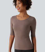 T-shirt casual col rond échancré manches trois-quarts en maille côtelée