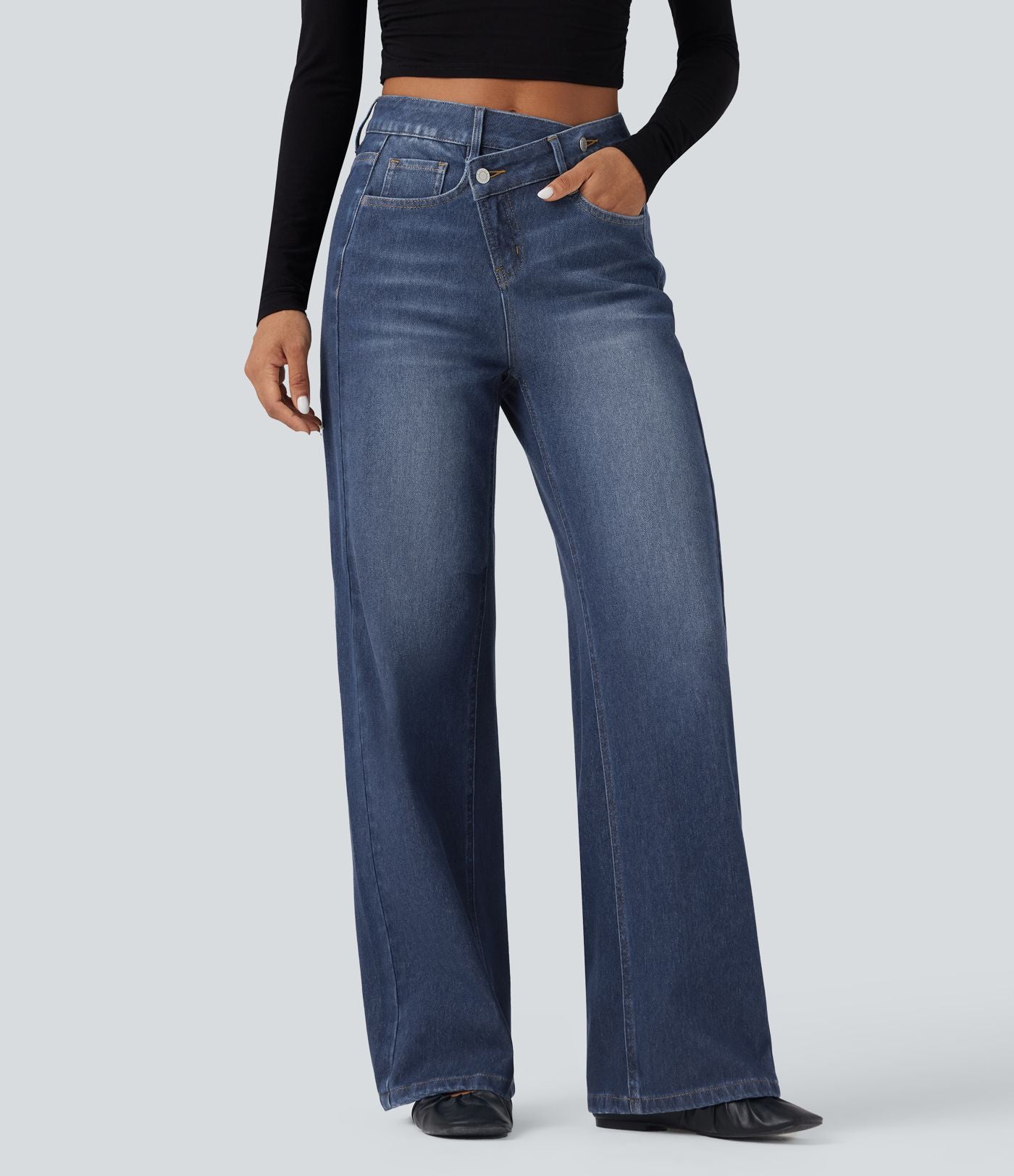 Jean baggy asymétrique Halara Flex™ taille haute effet délavé avec poches