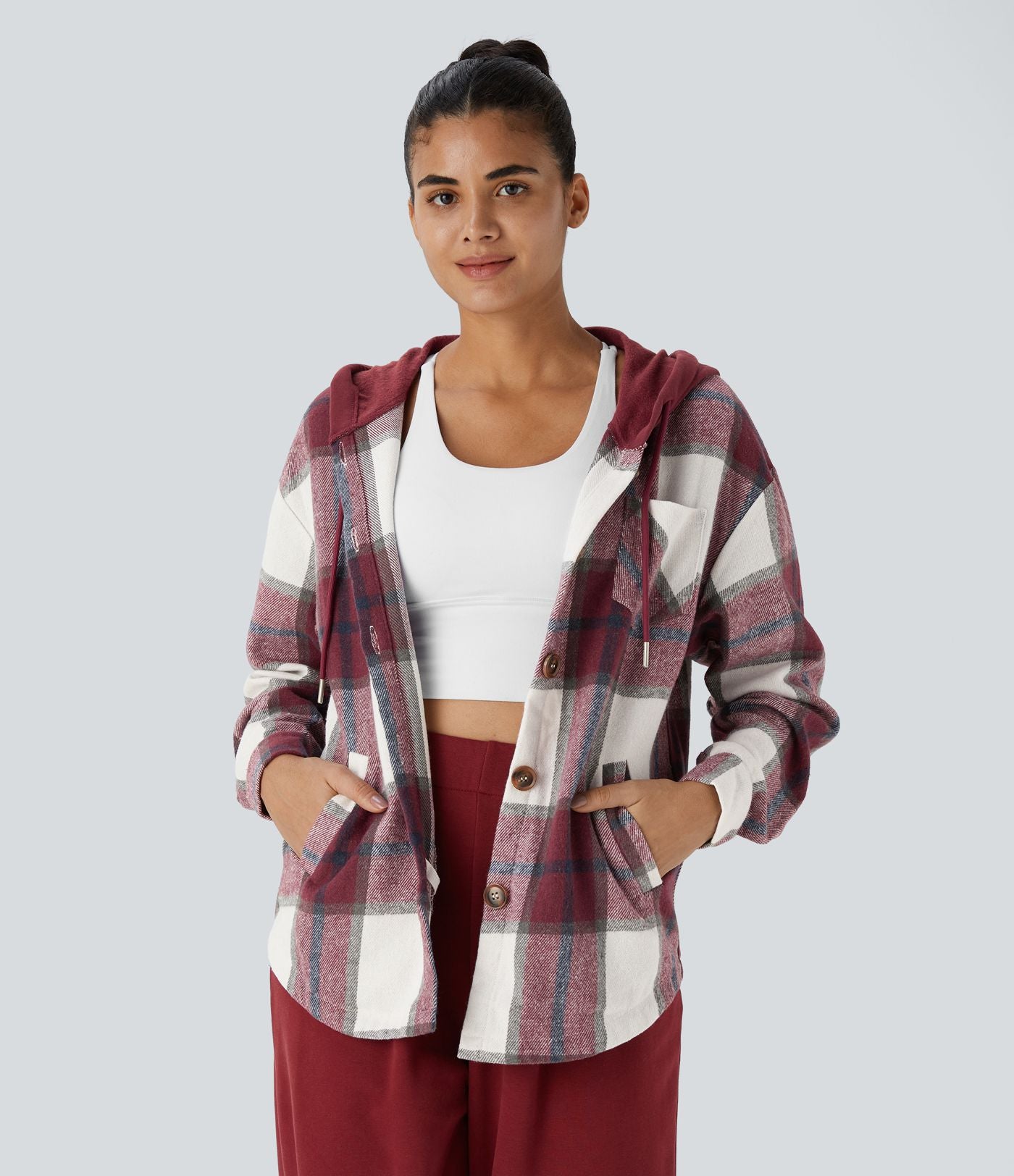 Veste de Casual à Carreaux en Polaire à Capuche avec Cordon de Serrage Boutons et Poches Latérales