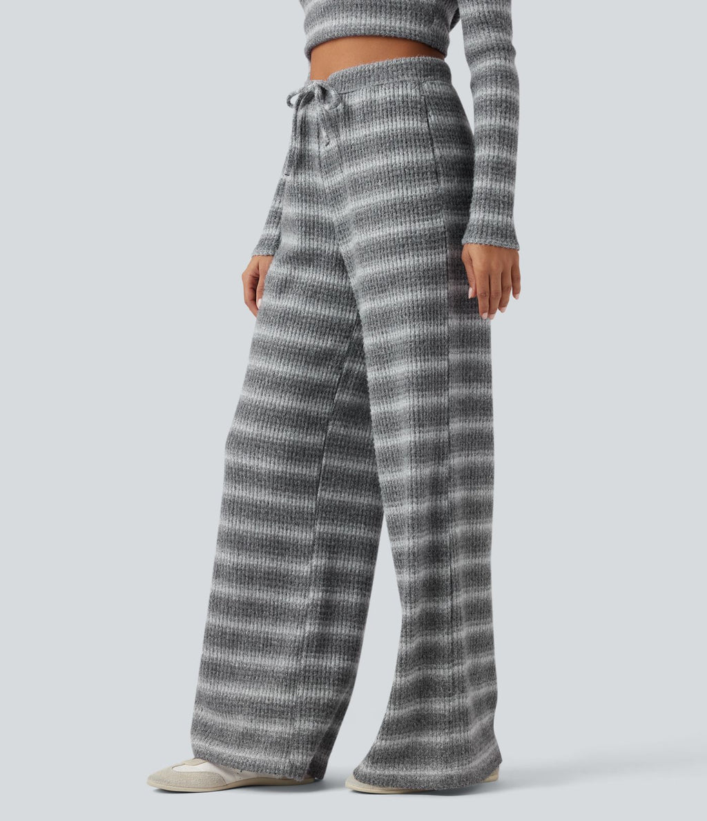 Pantalon large gaufré taille mi-haute avec cordon de serrage, rayures dégradées et poches