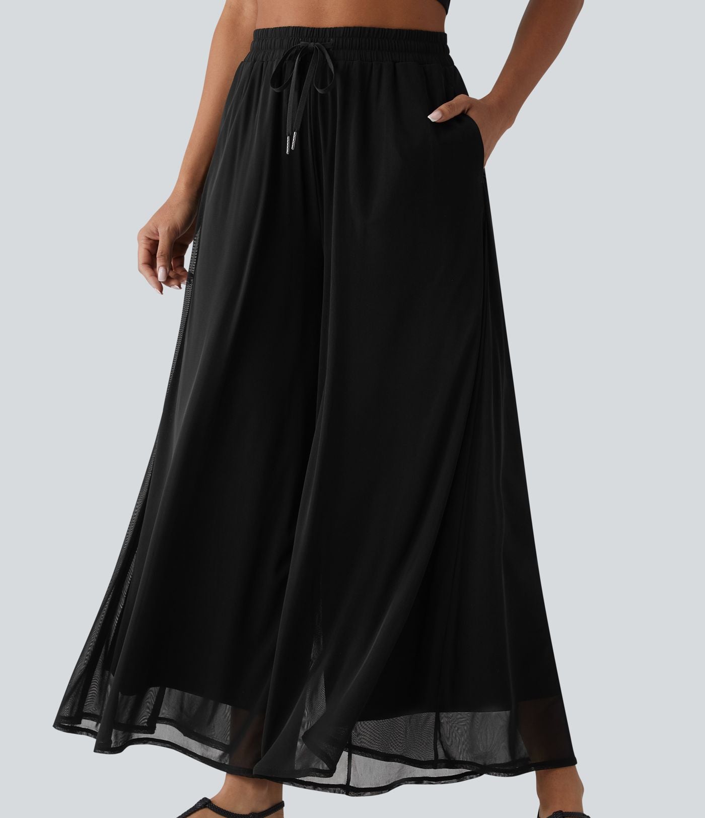 Pantalon large fluide décontracté mesh taille haute avec cordon de serrage et poches