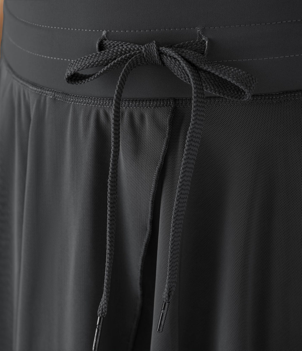 Jupe Casual Évasée Fluide 2 en 1 en Maille Contrastée Taille Haute Cordon de Serrage Poche Latérale