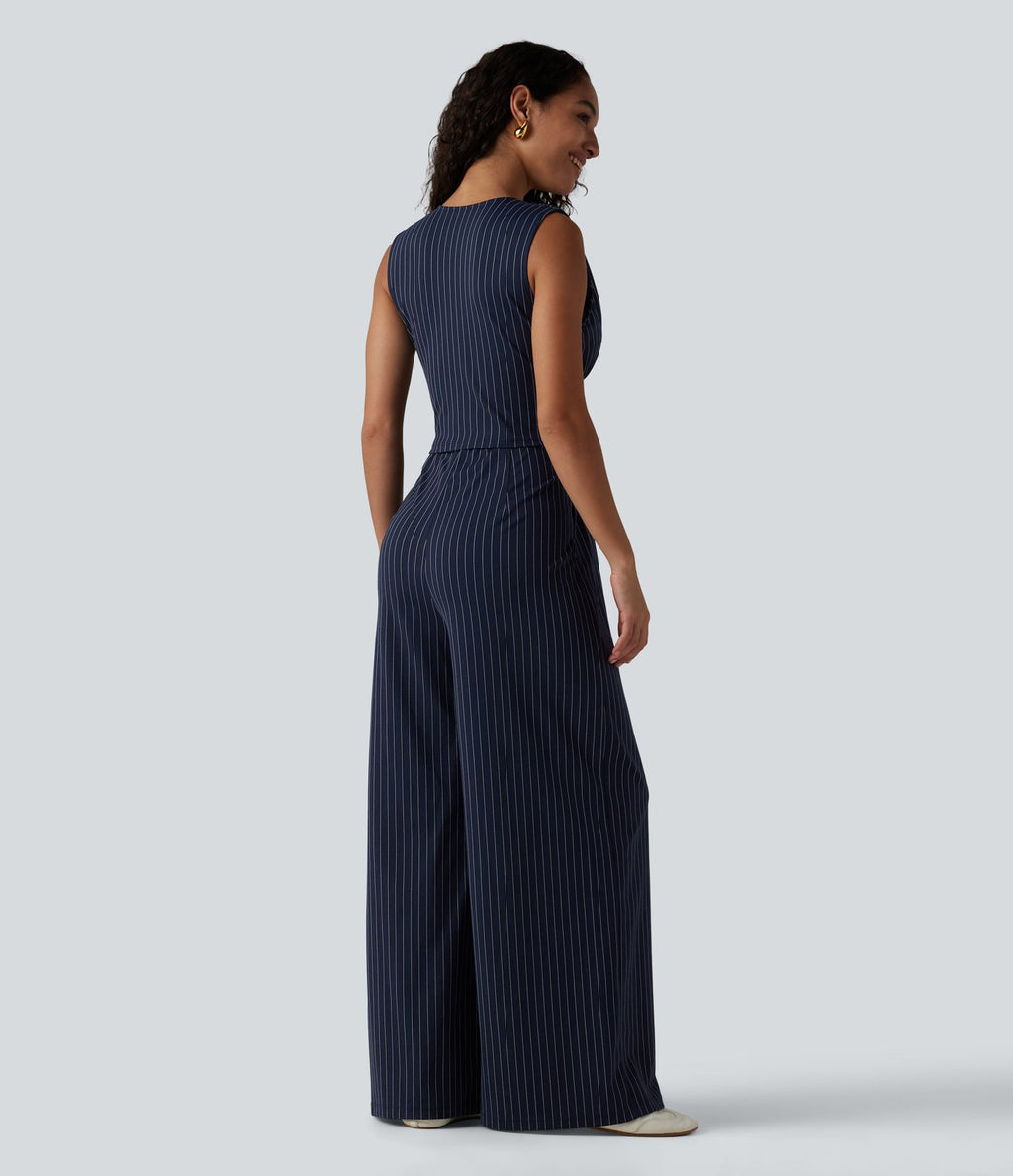 Combinaison tailleur col V sans manches à rayures et fronces avec poches - Easy Peasy