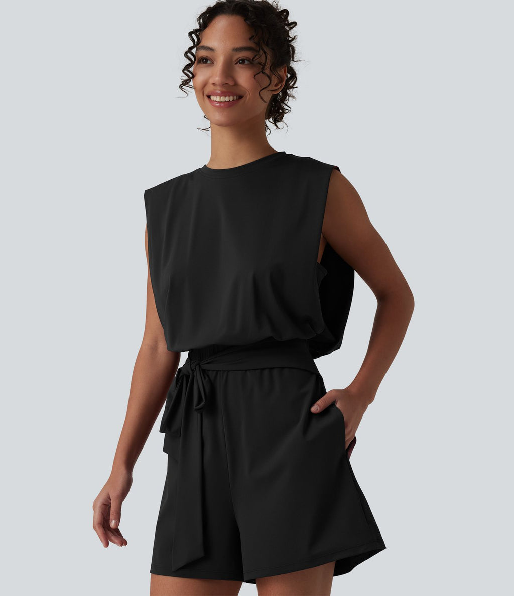 Combishort décontracté col rond sans manches effet frais InstantCool avec nœud frontal et poches, accès facile Easy Peasy, protection solaire UPF50+