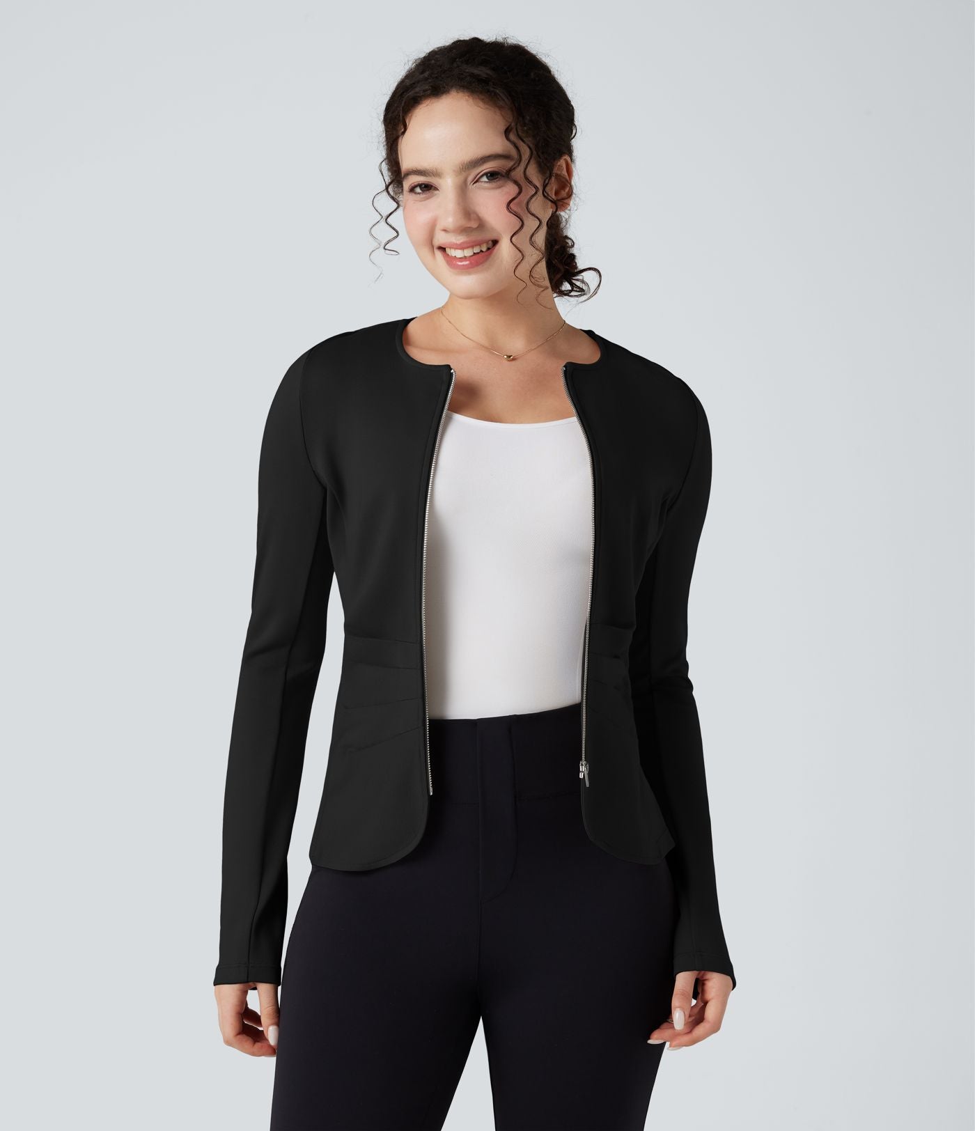 Blazer de travail col rond froncé zippé à manches longues