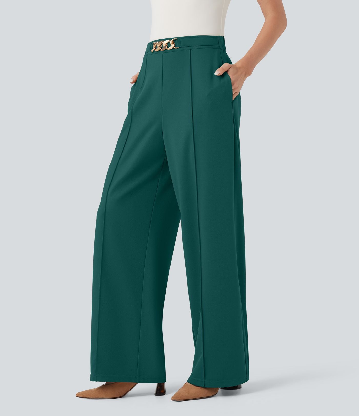 Pantalon de travail coupe droite taille haute avec chaîne métallique avec poches