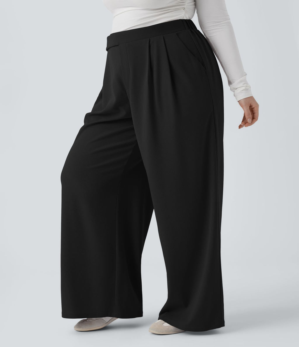 Pantalon décontracté grande taille large en maille gaufrée, taille haute, avec poches