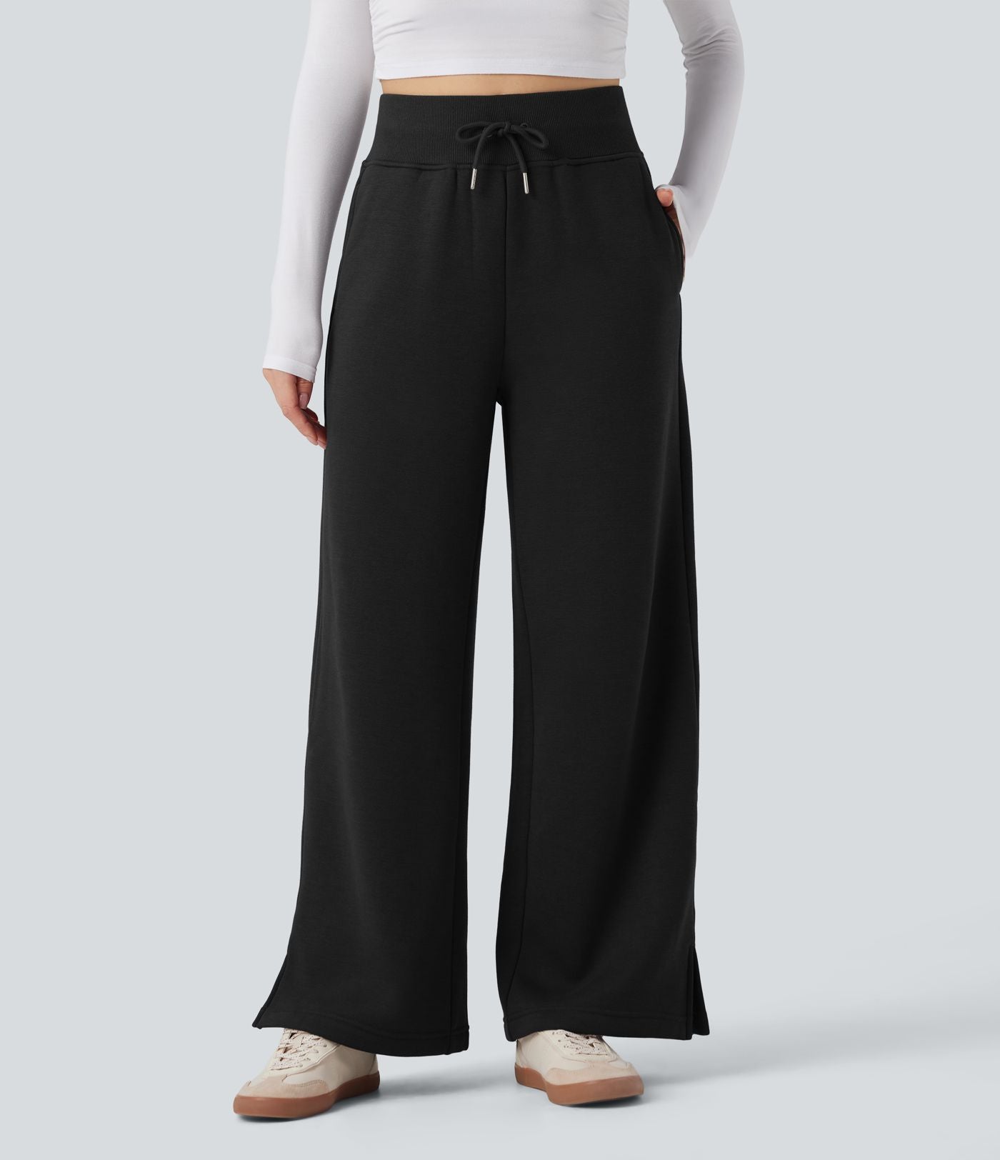 Pantalon jogging décontracté polaire taille haute jambe large avec cordon de serrage ourlet fendu et poches