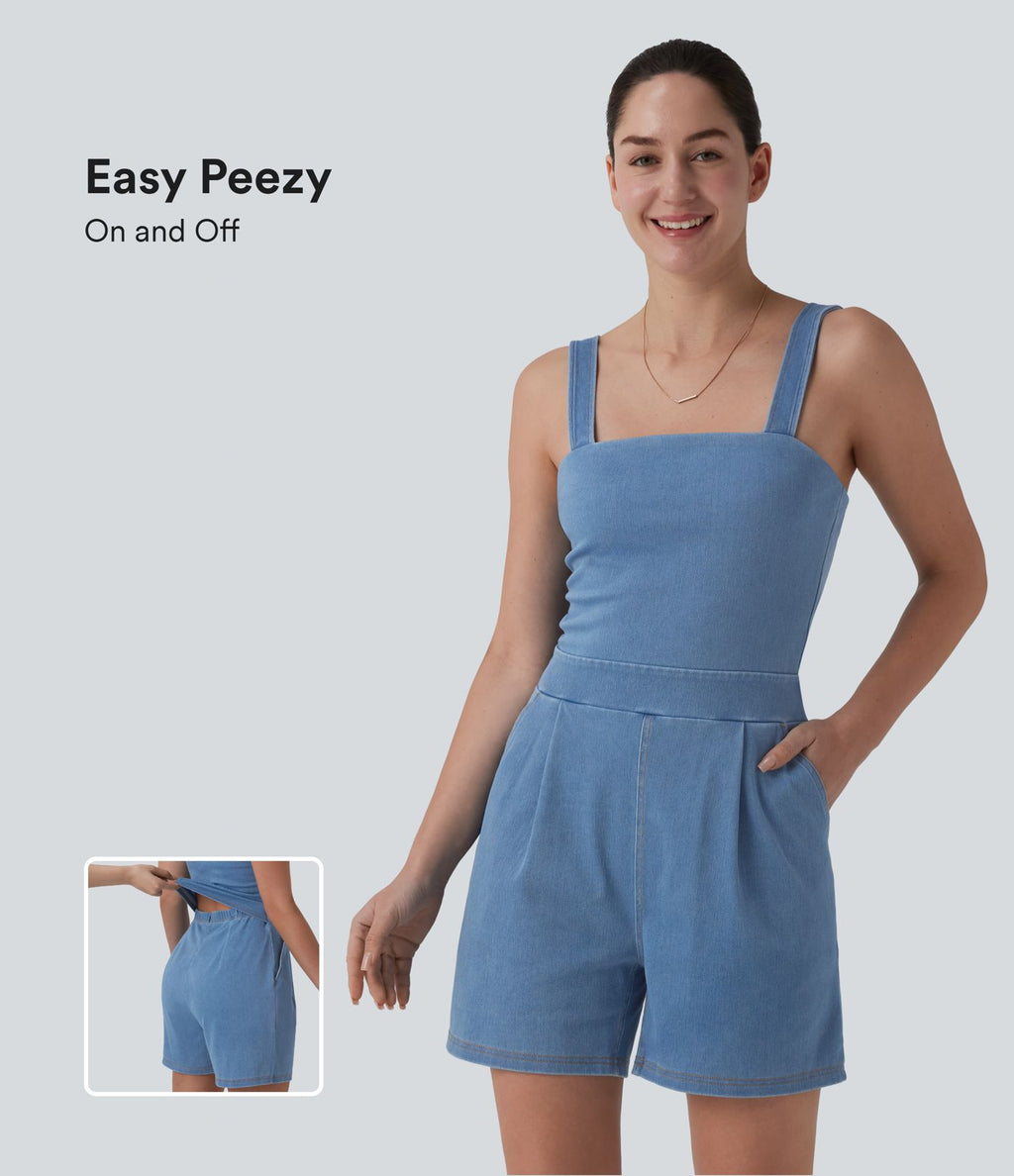 Halara Flex™ Combinaison short casual en denim sans manches à encolure carrée avec poches — Édition Easy Peasy