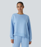Sweat-shirt décontracté oversize en polaire, col rond, épaules tombantes, manches longues, ourlet fendu, empiècements côtelés contrastés et broderies