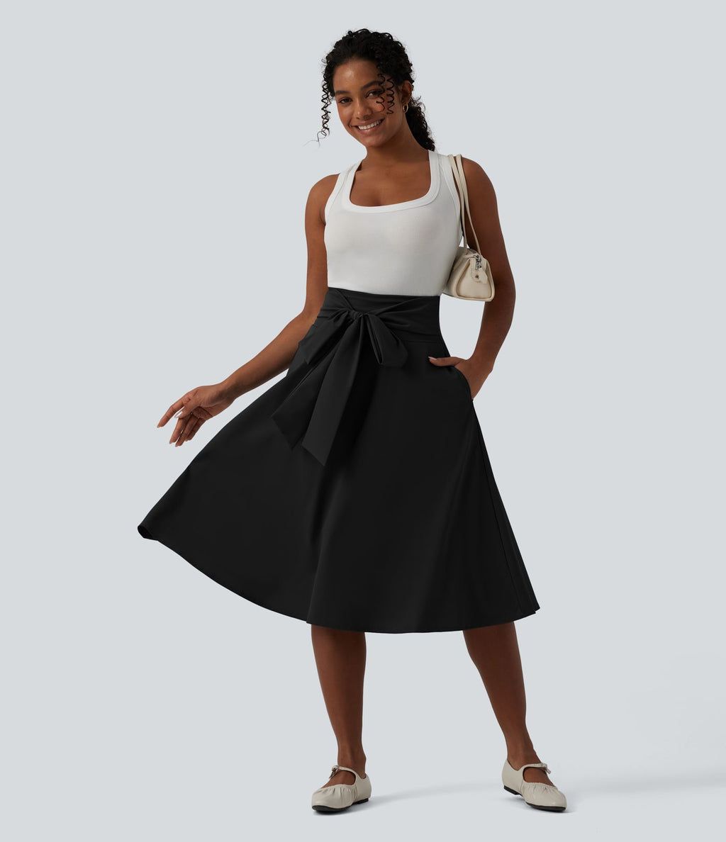 Jupe midi casual trapèze taille haute à nœud devant