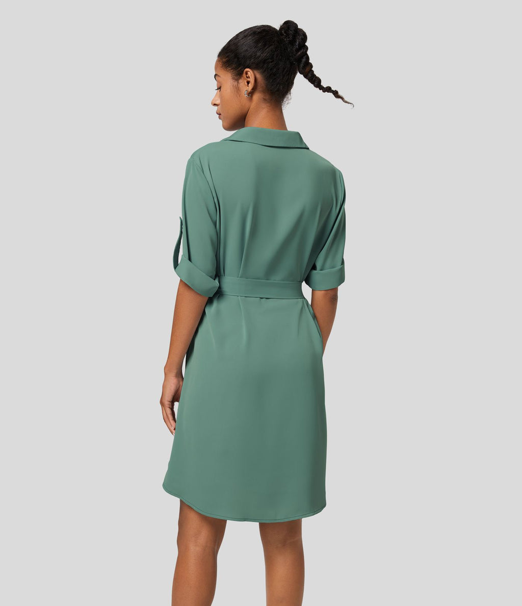 Robe-chemise décontractée à col, manches retroussables et ceinture
